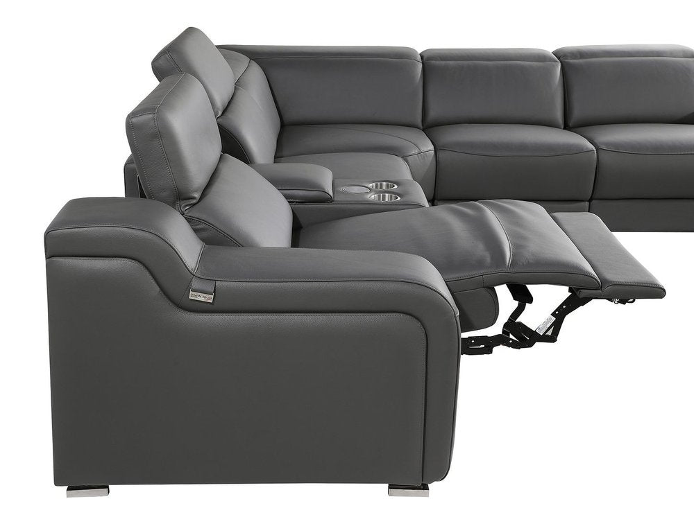 Gray Italian Leather Power Reclining Curved Seven Piece Corner Sectional With Console