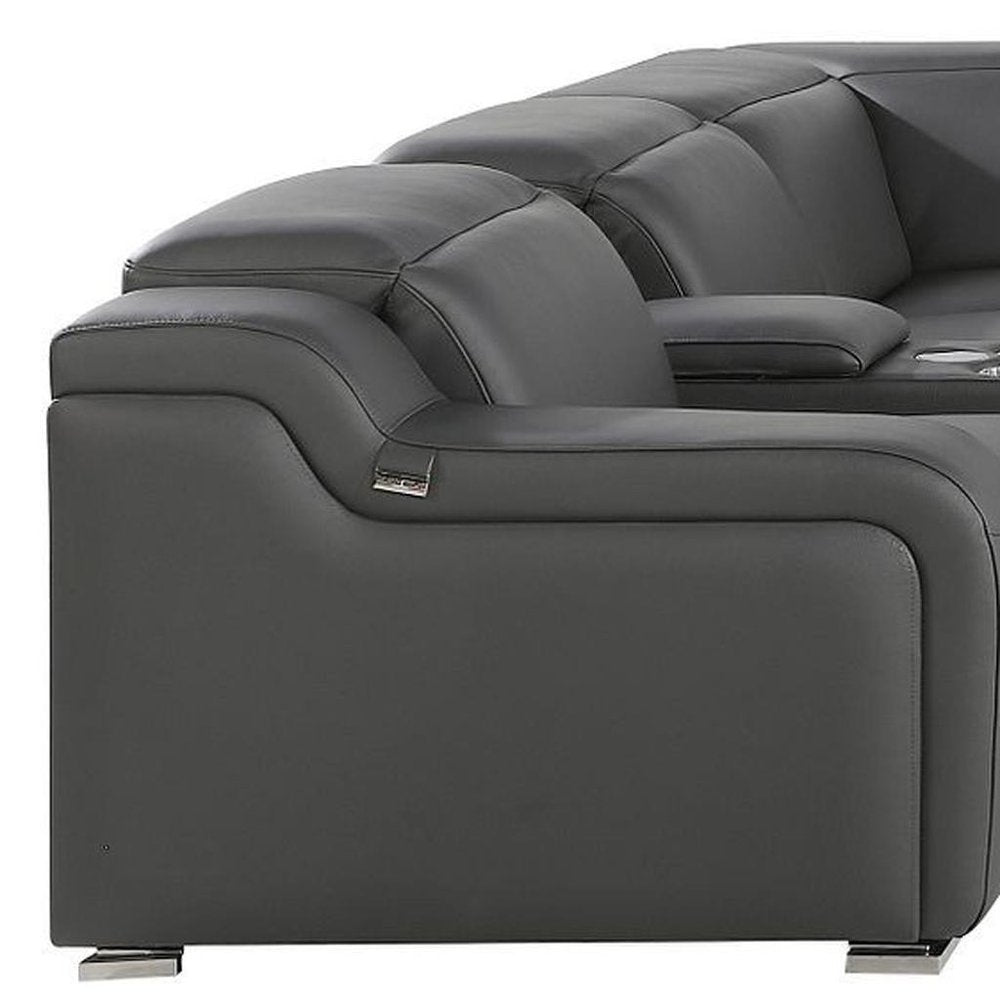 Gray Italian Leather Power Reclining Curved Eight Piece Corner Sectional With Console
