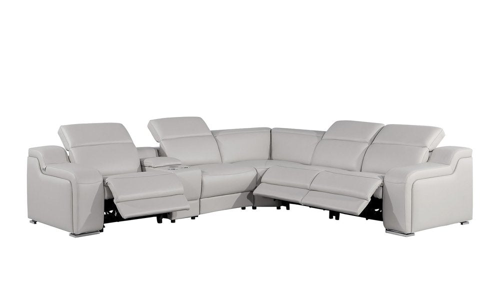 Light Gray Italian Leather Power Reclining L Shaped Six Piece Corner Sectional With Console