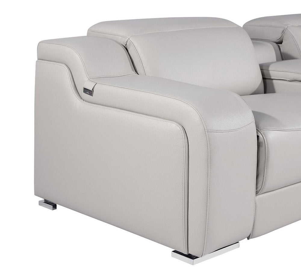 Light Gray Italian Leather Power Reclining L Shaped Six Piece Corner Sectional With Console