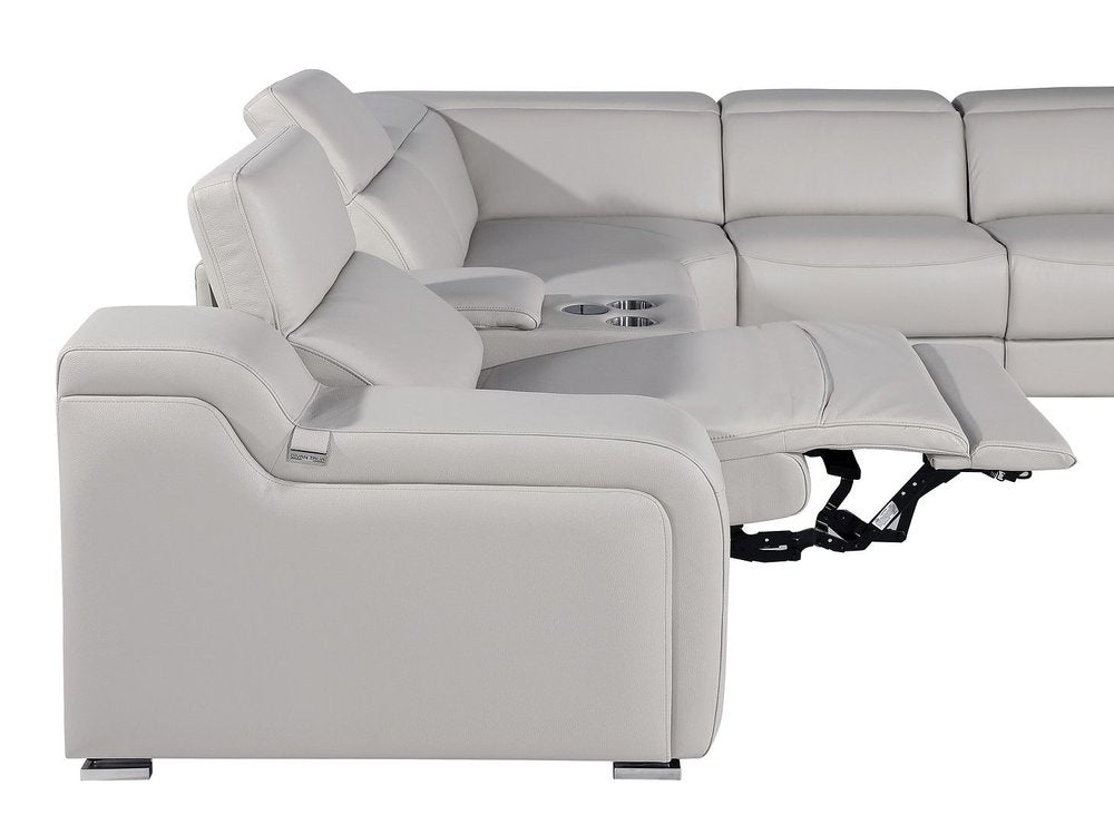 Light Gray Italian Leather Power Reclining Curved Seven Piece Corner Sectional With Console
