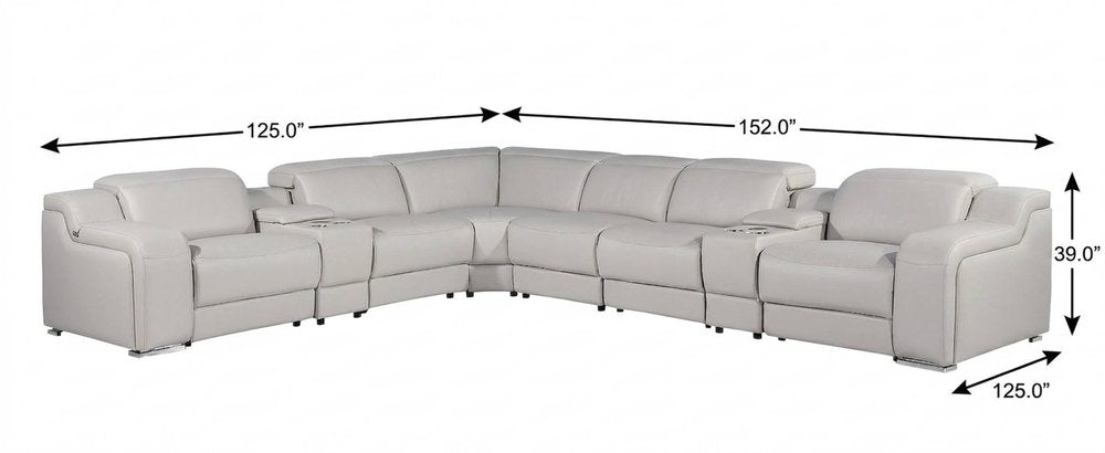 Light Gray Italian Leather Power Reclining Curved Eight Piece Corner Sectional With Console