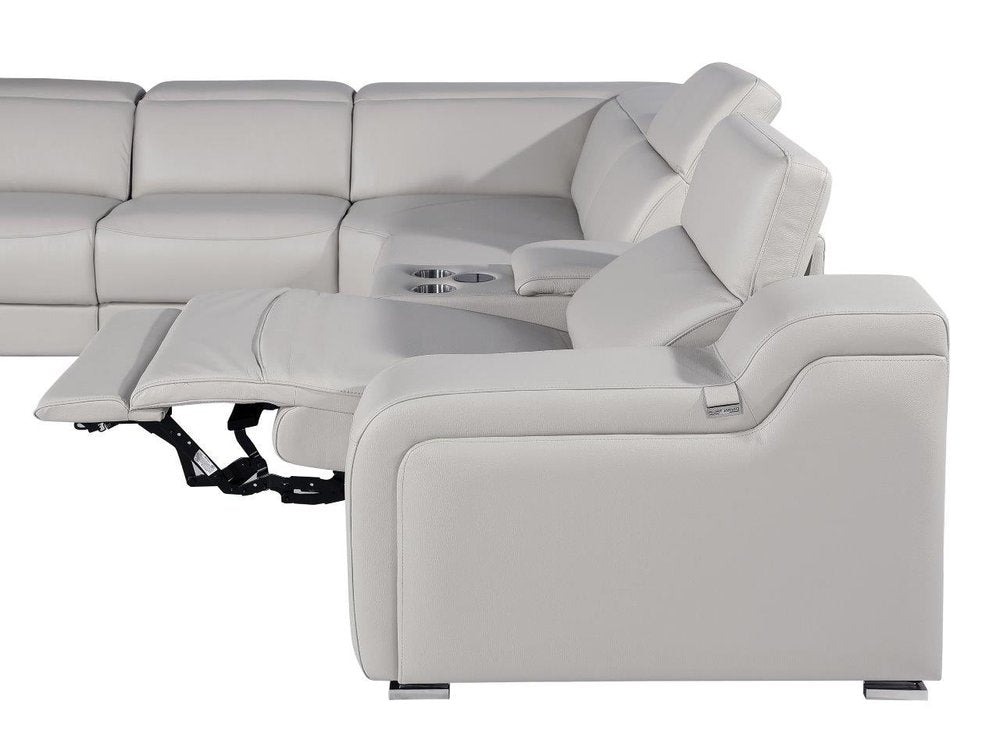Light Gray Italian Leather Power Reclining Curved Eight Piece Corner Sectional With Console