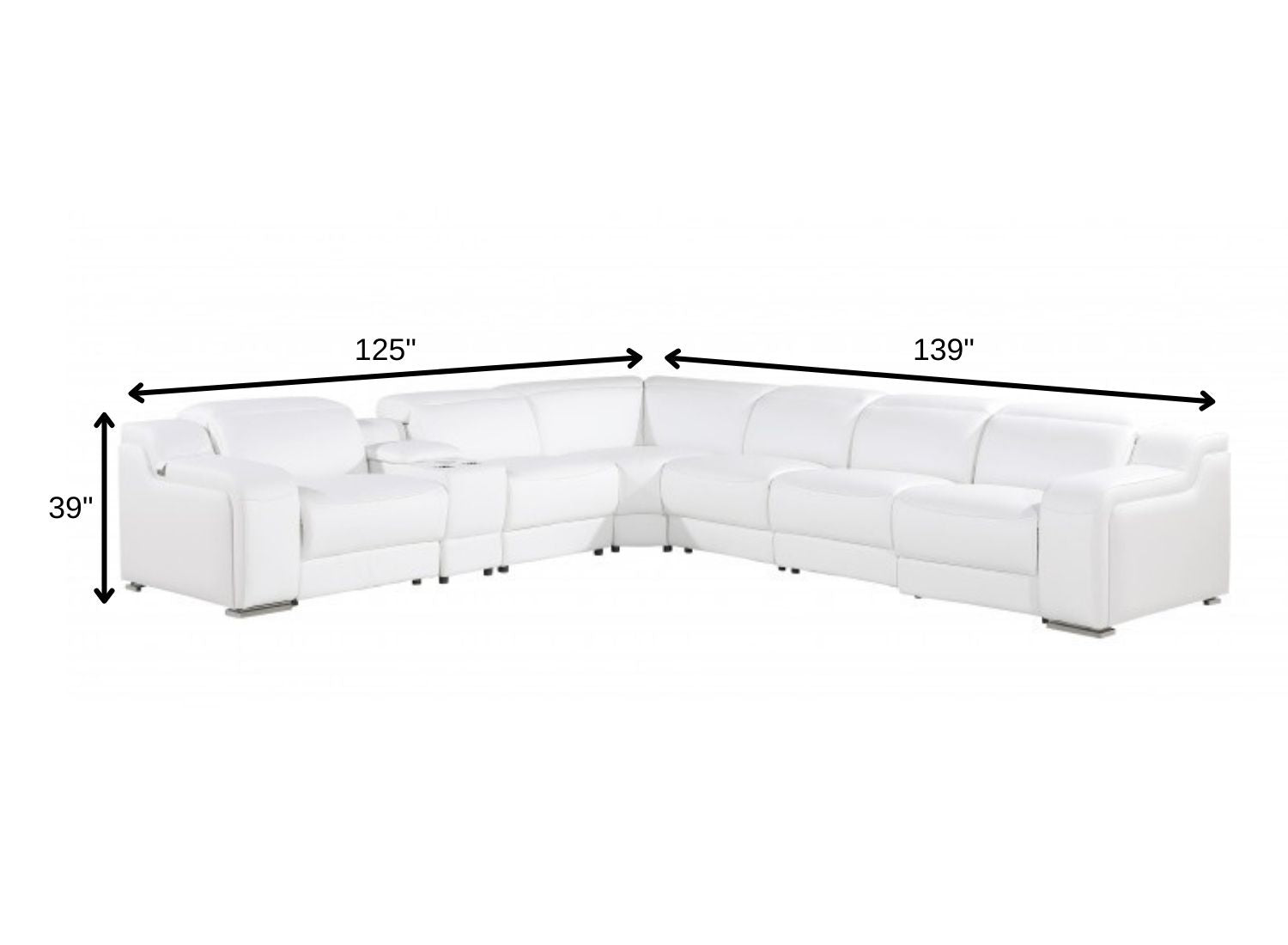 White Italian leather 3 power reclining seats L shaped Seven Piece Corner Sectional With Console