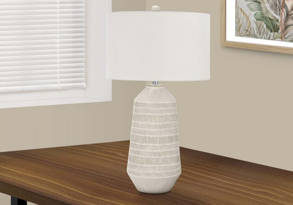 33" Ivory Ceramic Geometric Table Lamp With Cream Drum Shade