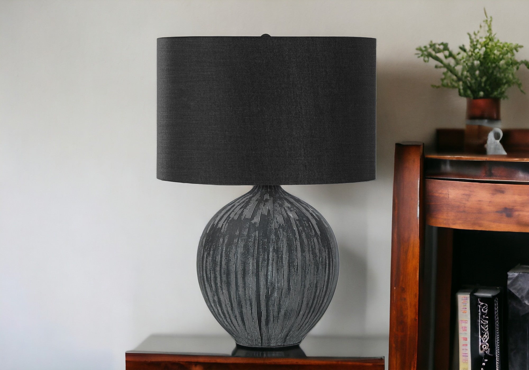 23" Black Ceramic Round Table Lamp With Black Drum Shade