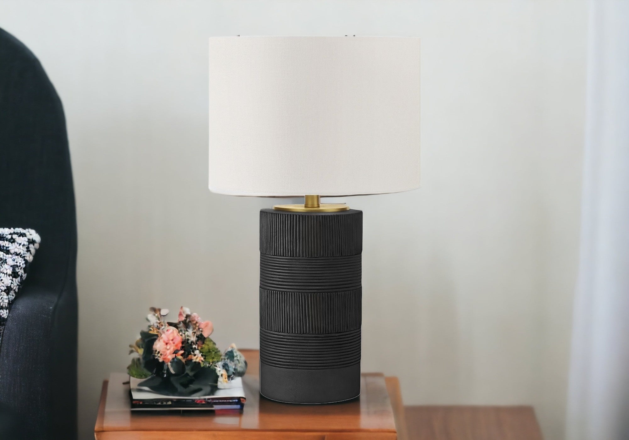 24" Black Cylinder Table Lamp With Ivory Drum Shade