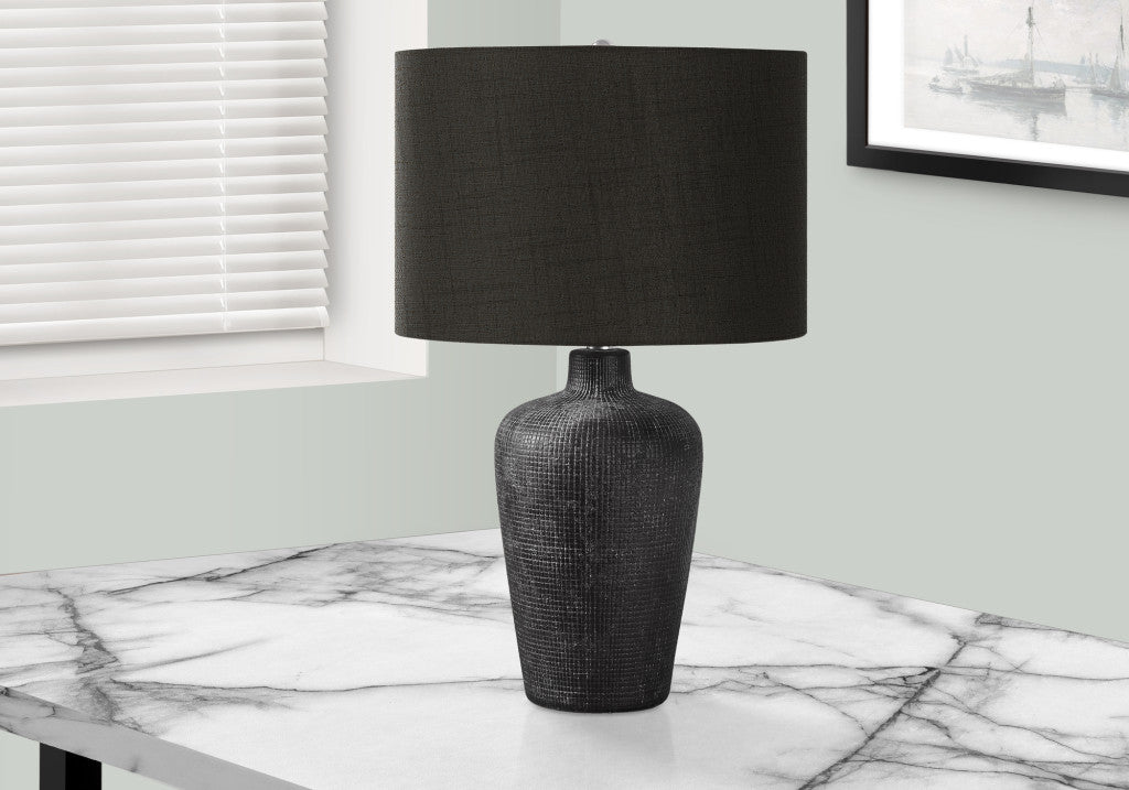 24" Black Ceramic Round Table Lamp With Black Drum Shade