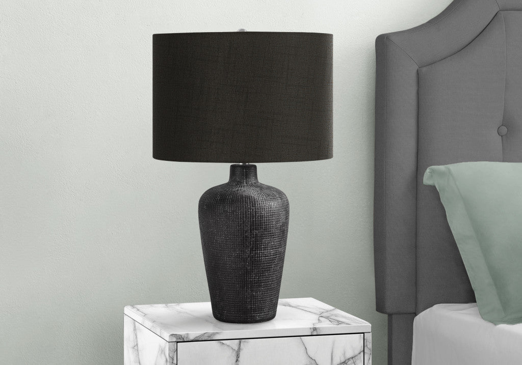 24" Black Ceramic Round Table Lamp With Black Drum Shade