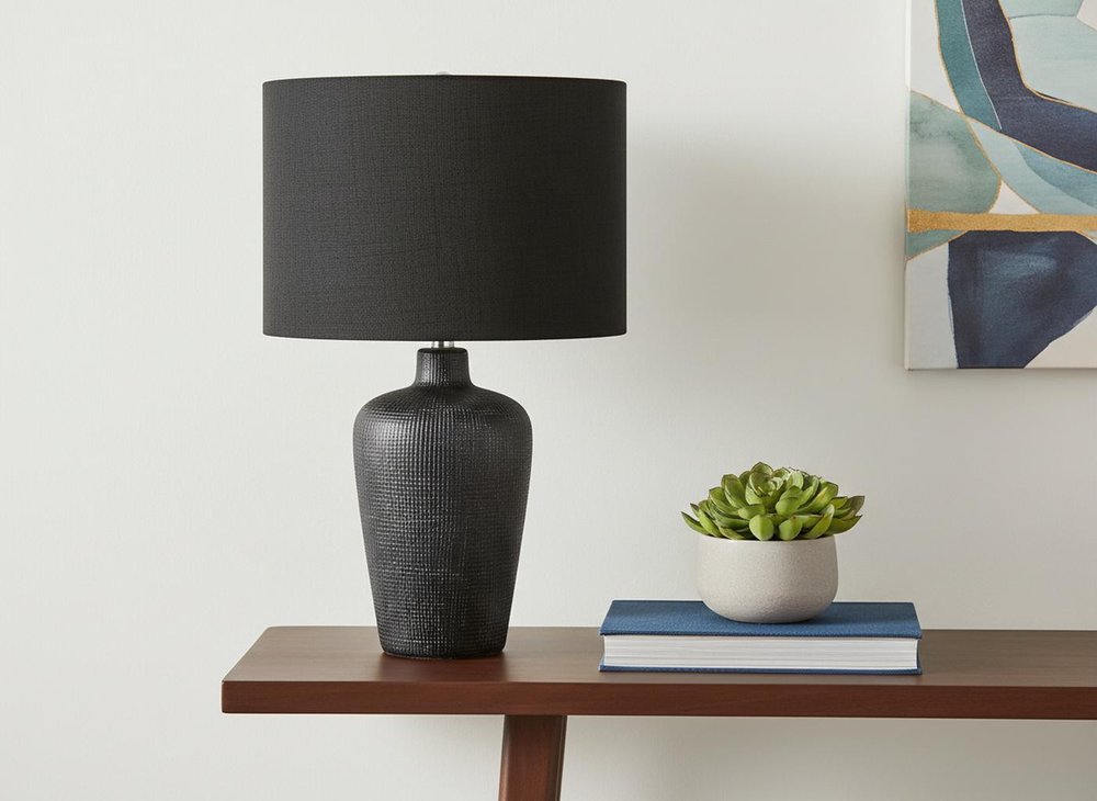 24" Black Ceramic Round Table Lamp With Black Drum Shade