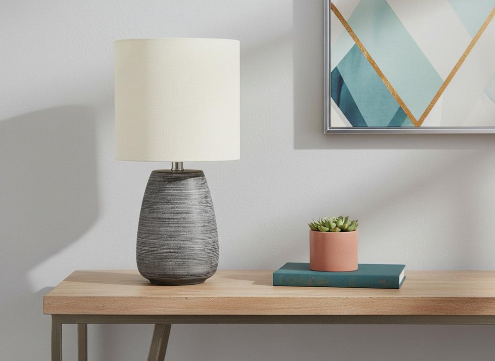 19" Gray Ceramic Round Table Lamp With Ivory Drum Shade
