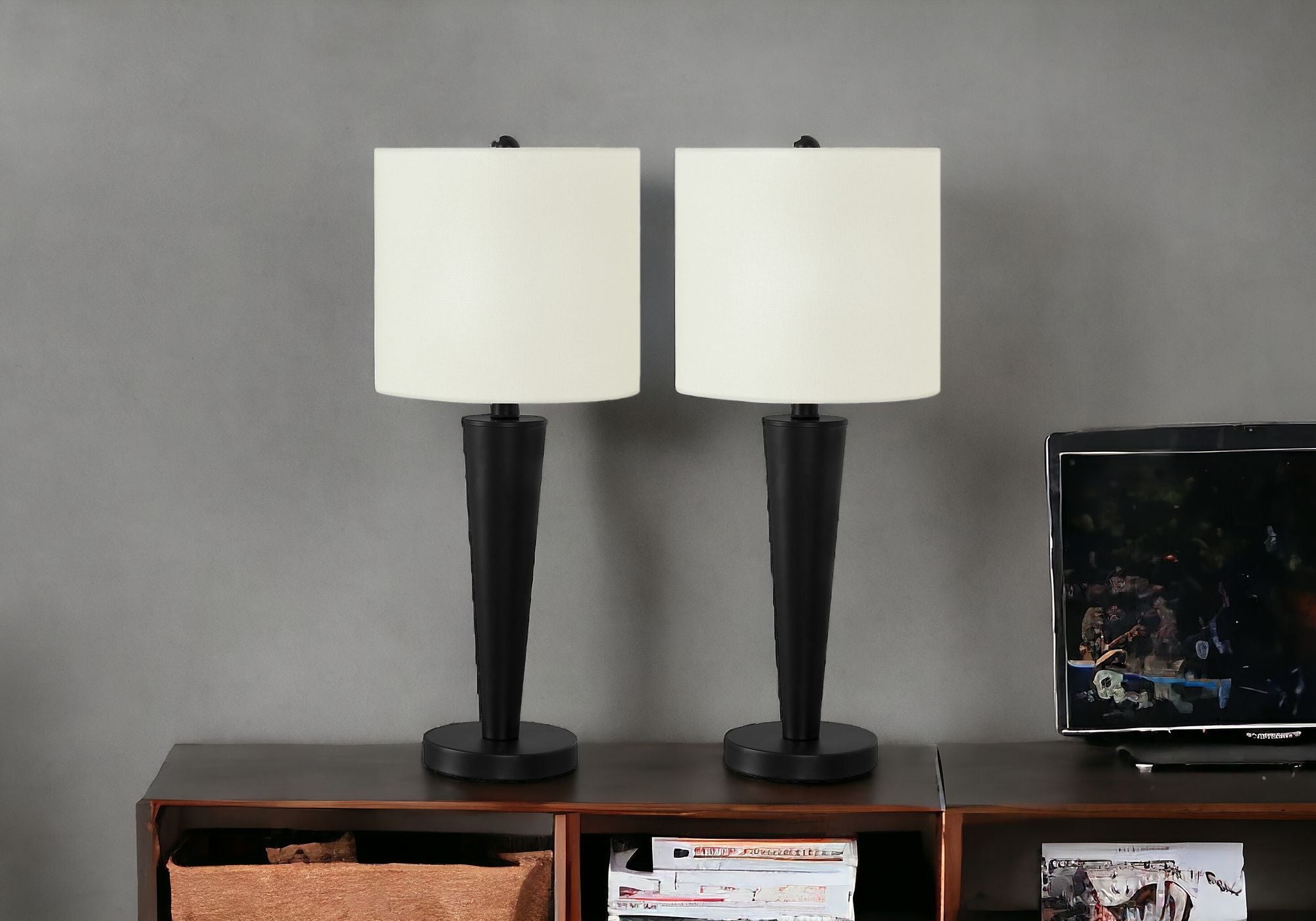 Set of Two 24" Black Metal Candlestick USB Table Lamps With Ivory Drum Shade