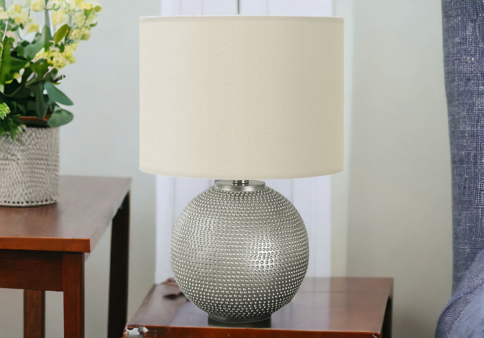 19" Gray Round Table Lamp With Ivory Drum Shade
