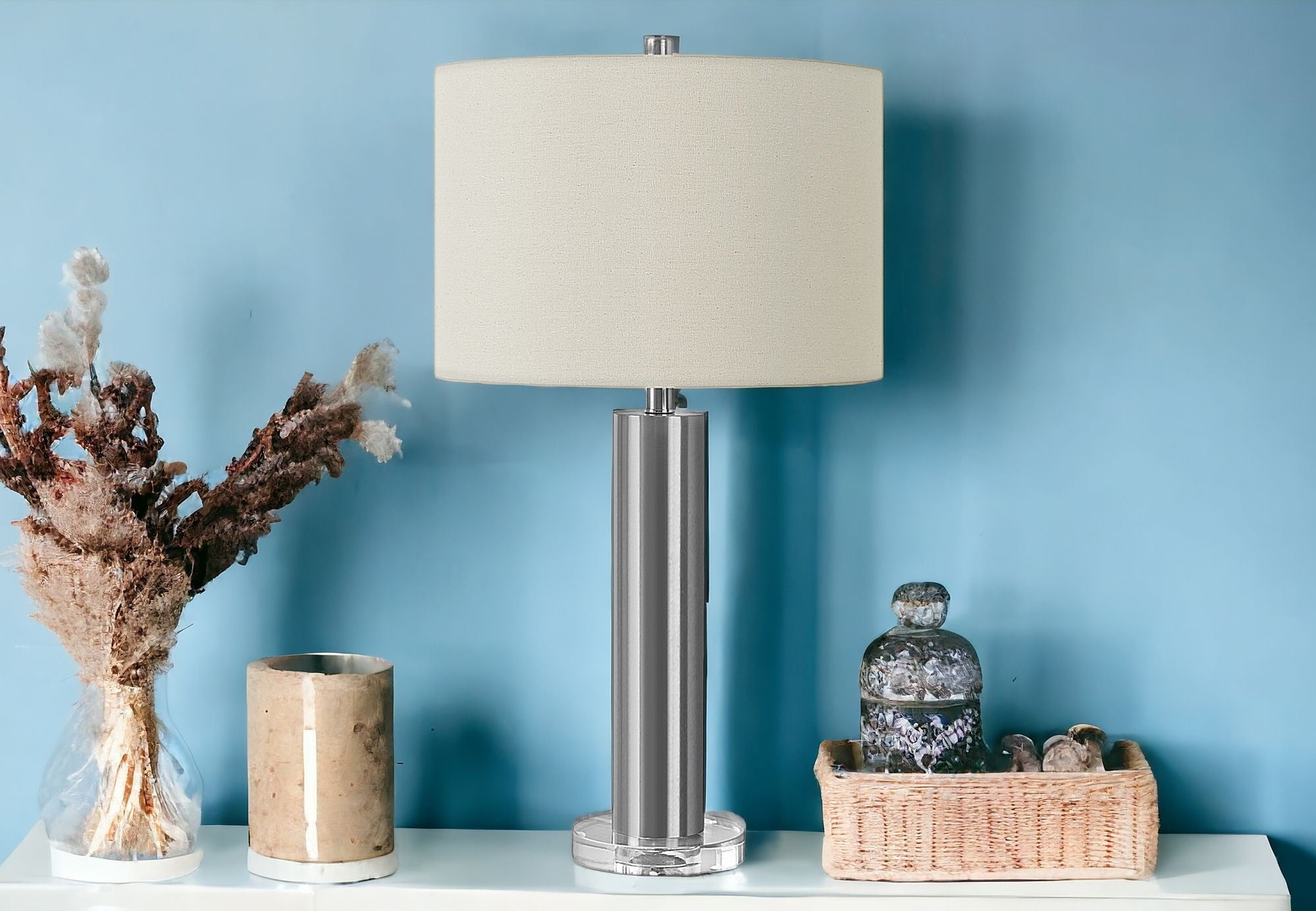 28" Silver Acrylic Cylinder Table Lamp With Ivory Drum Shade
