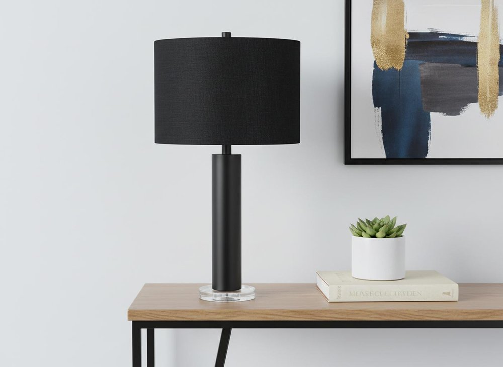 28" Black Metal and Acrylic Cylinder Table Lamp With Black Drum Shade