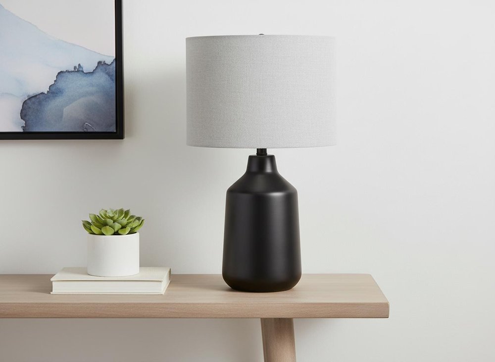 24" Black Concrete Urn Table Lamp With Gray Drum Shade