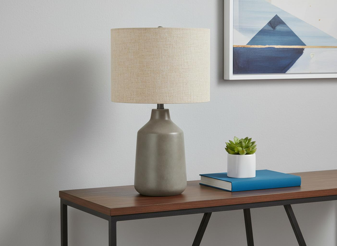 24" Gray Concrete Urn Table Lamp With Beige Drum Shade