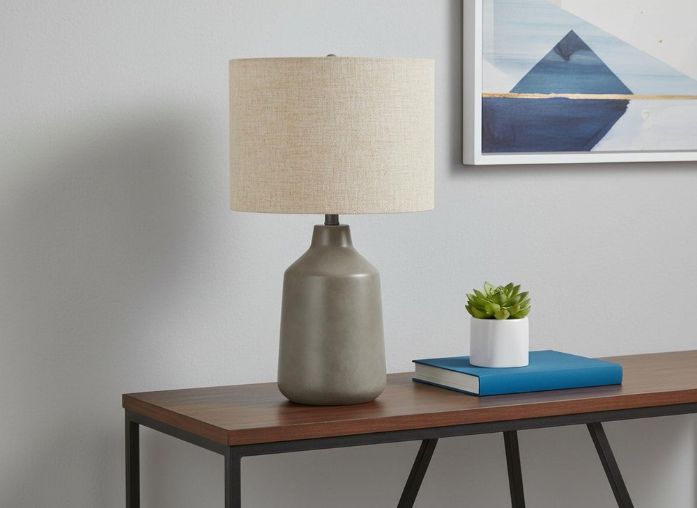 24" Gray Concrete Urn Table Lamp With Beige Drum Shade