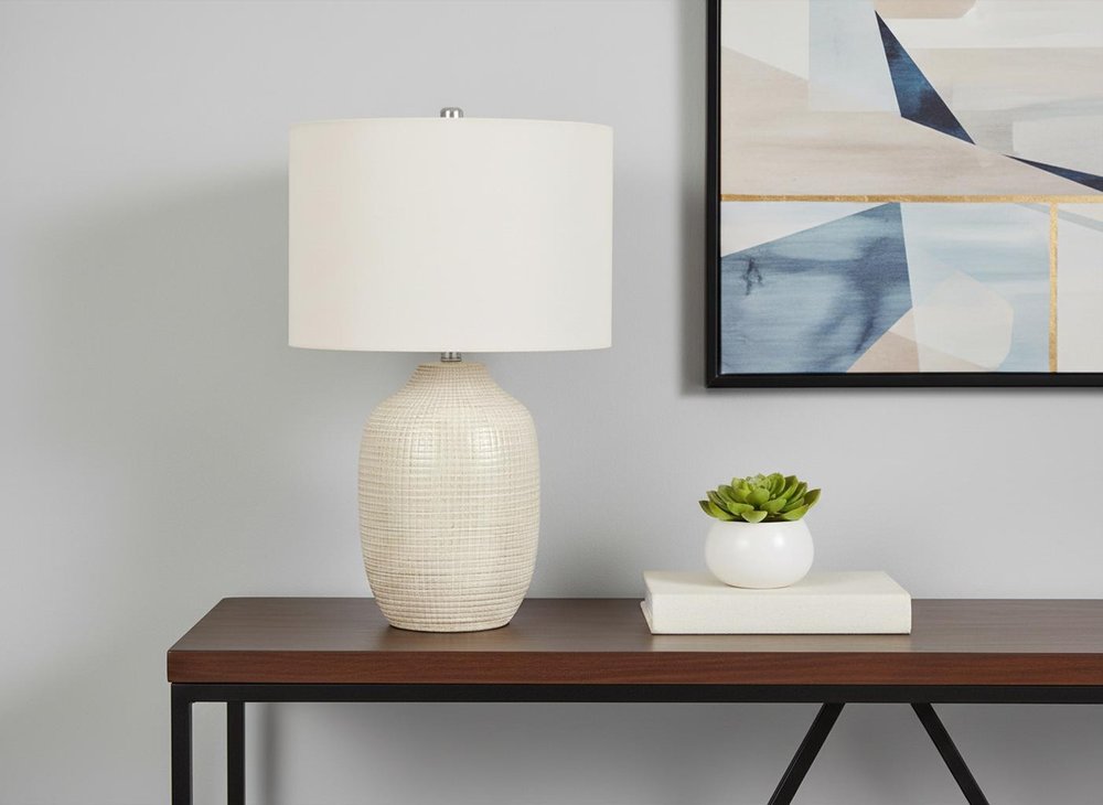 26" Cream Ceramic Urn Table Lamp With Cream Drum Shade