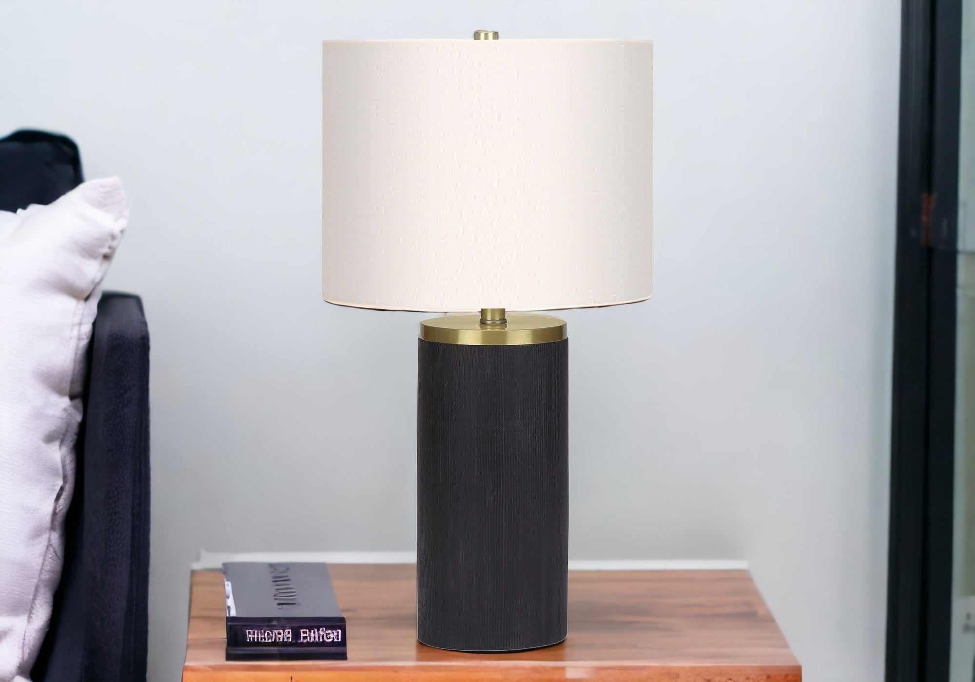 24" Black and Gold Concrete Cylinder Table Lamp With Ivory Drum Shade