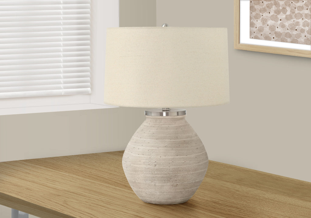 25" Cream Concrete Round Table Lamp With Beige Drum Shade