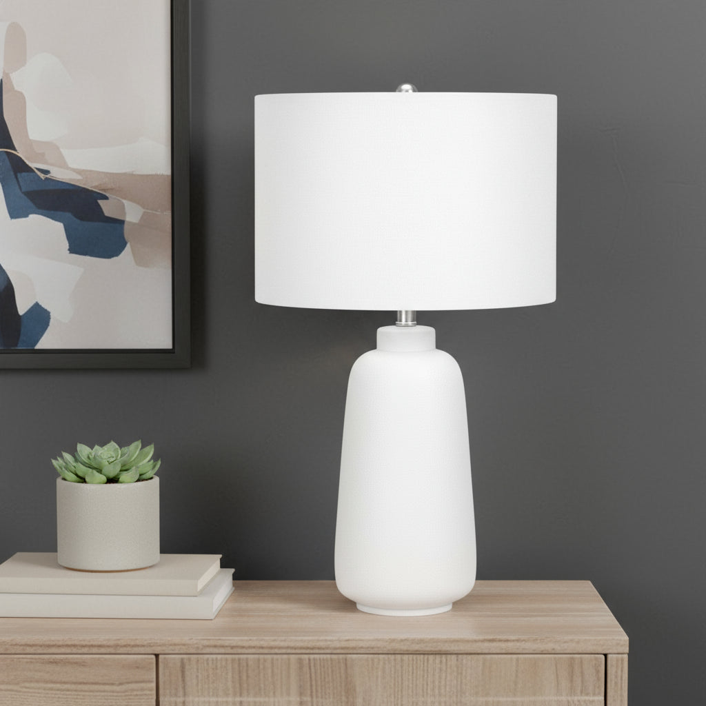 26" Cream Ceramic Cylinder Table Lamp With Cream Drum Shade