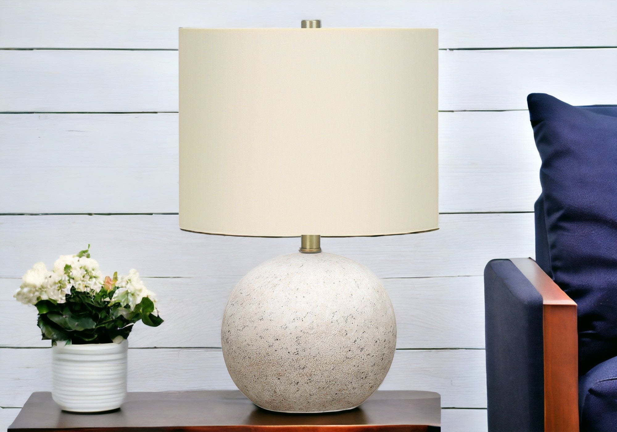 20" Gray Concrete Round Table Lamp With Ivory Drum Shade