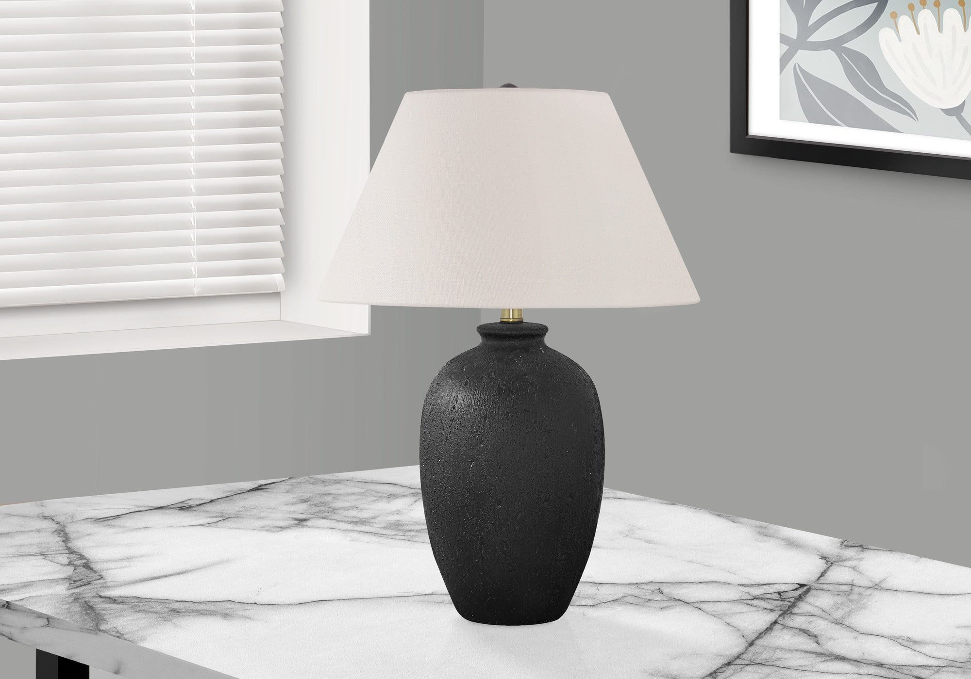 24" Black Ceramic Round Table Lamp With Ivory Empire Shade