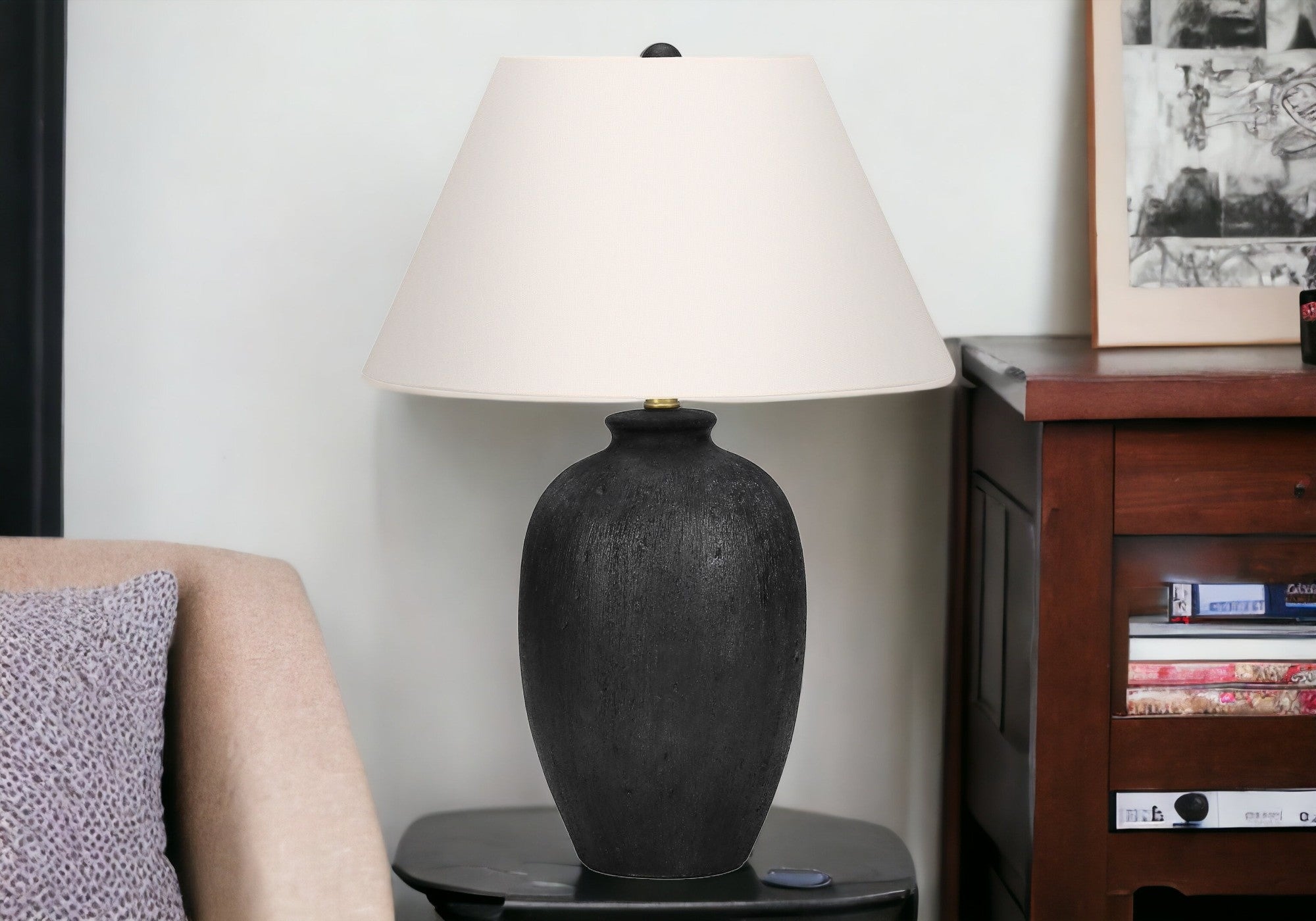24" Black Ceramic Round Table Lamp With Ivory Empire Shade