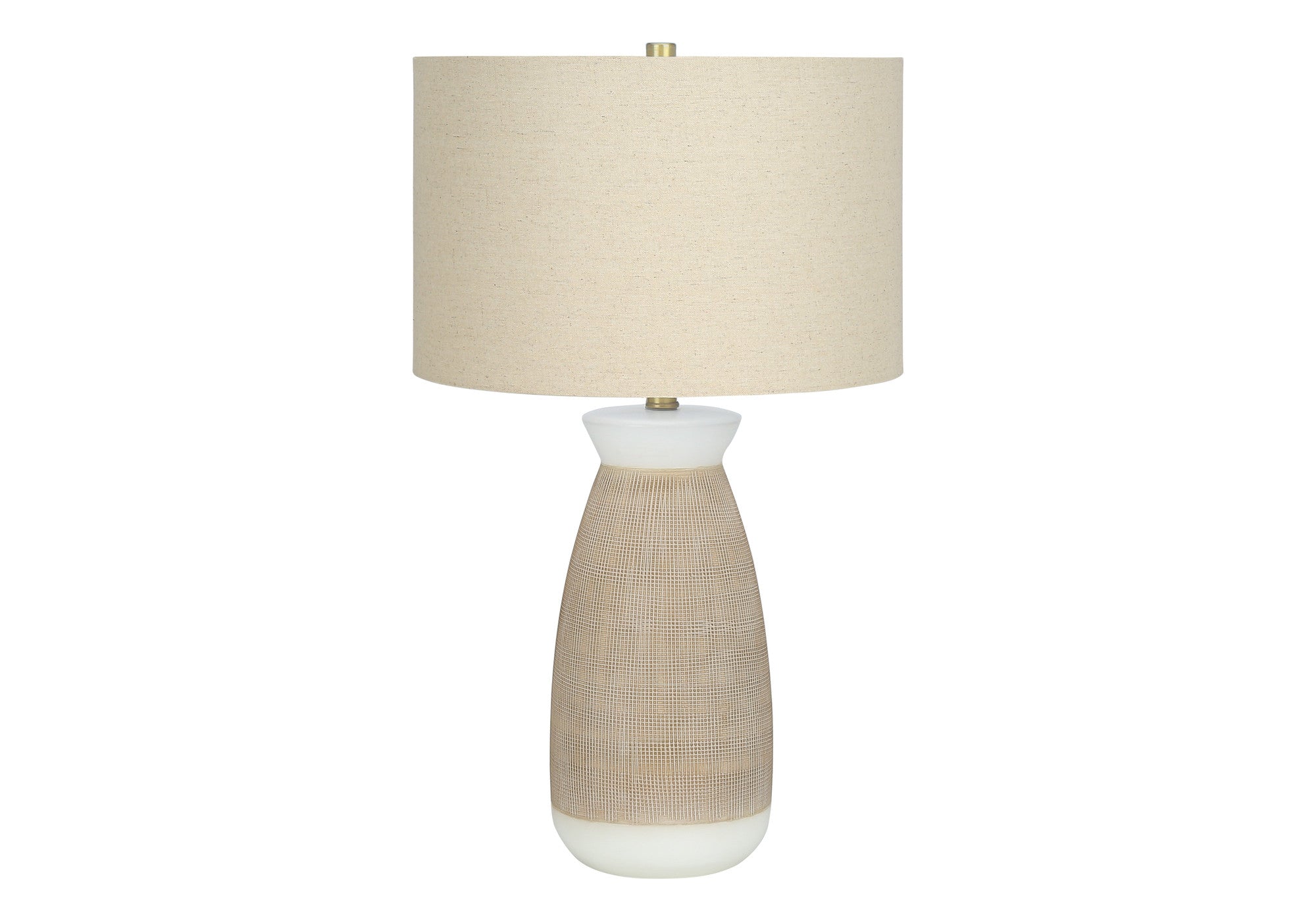 27" Brown and White Ceramic Round Table Lamp With Beige Drum Shade