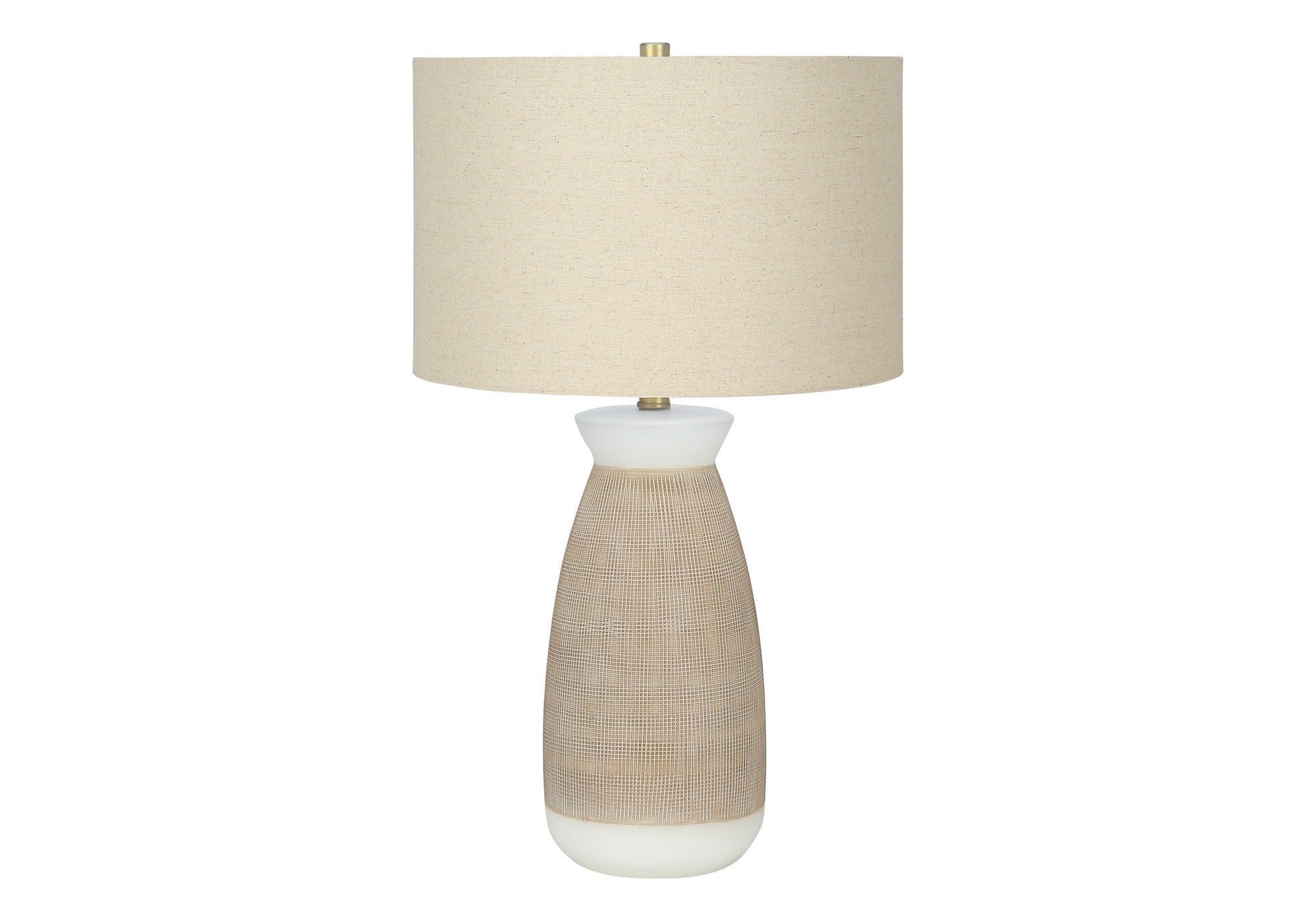 27" Brown and White Ceramic Round Table Lamp With Beige Drum Shade