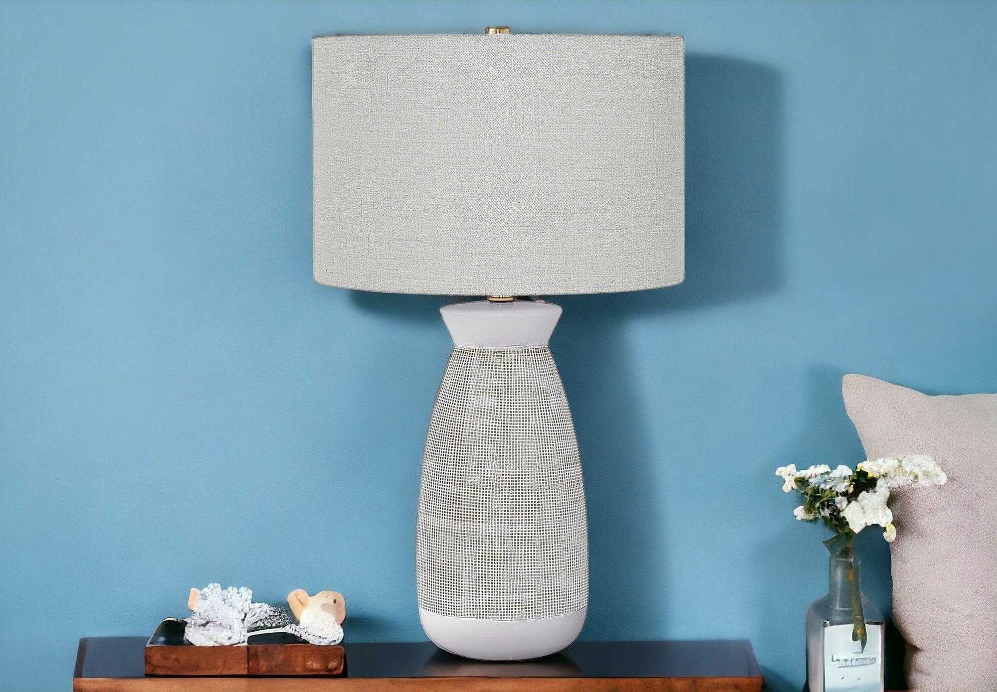 27" Gray and White Ceramic Round Table Lamp With Gray Drum Shade