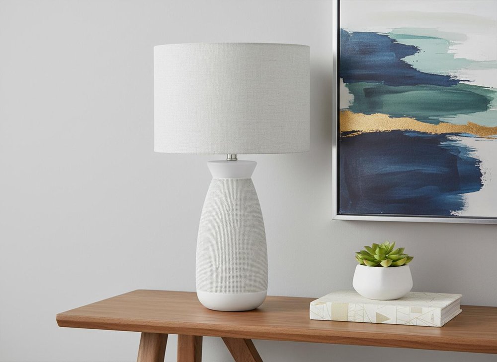 27" Gray and White Ceramic Round Table Lamp With Gray Drum Shade