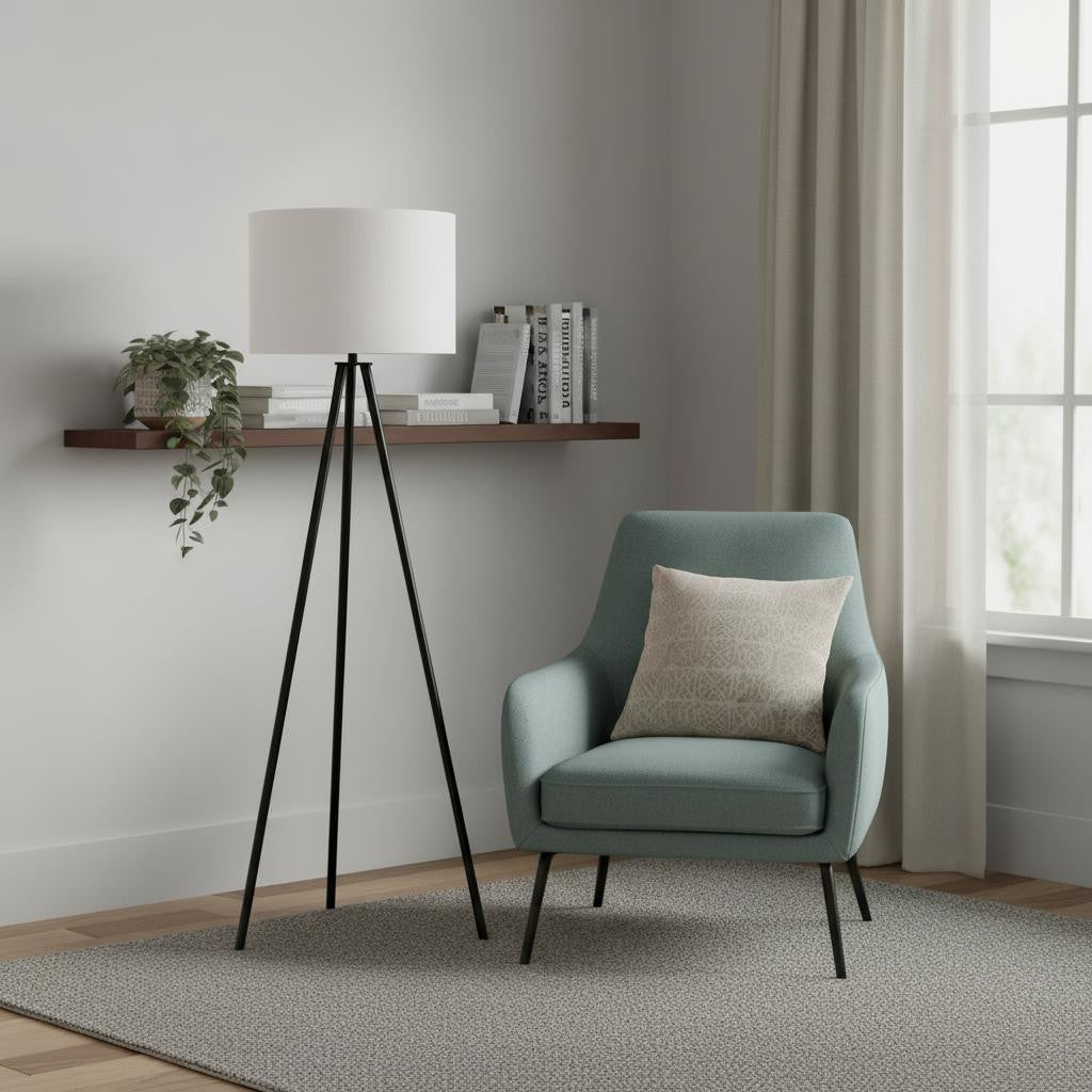 63" Black LED Light Changing Floor Lamp With Cream Fabric Drum Shade