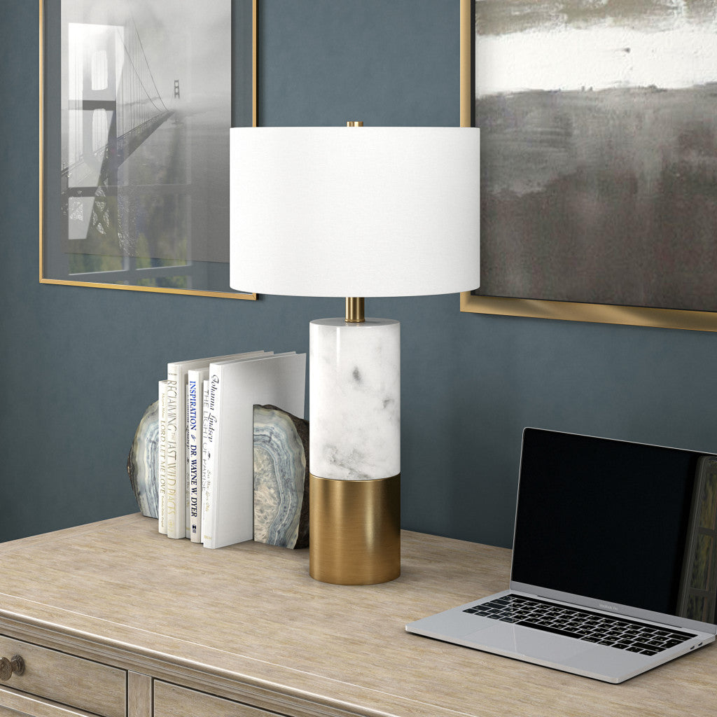 24" White and Gold Marble and Metal Cylinder Table Lamp With White Drum Shade