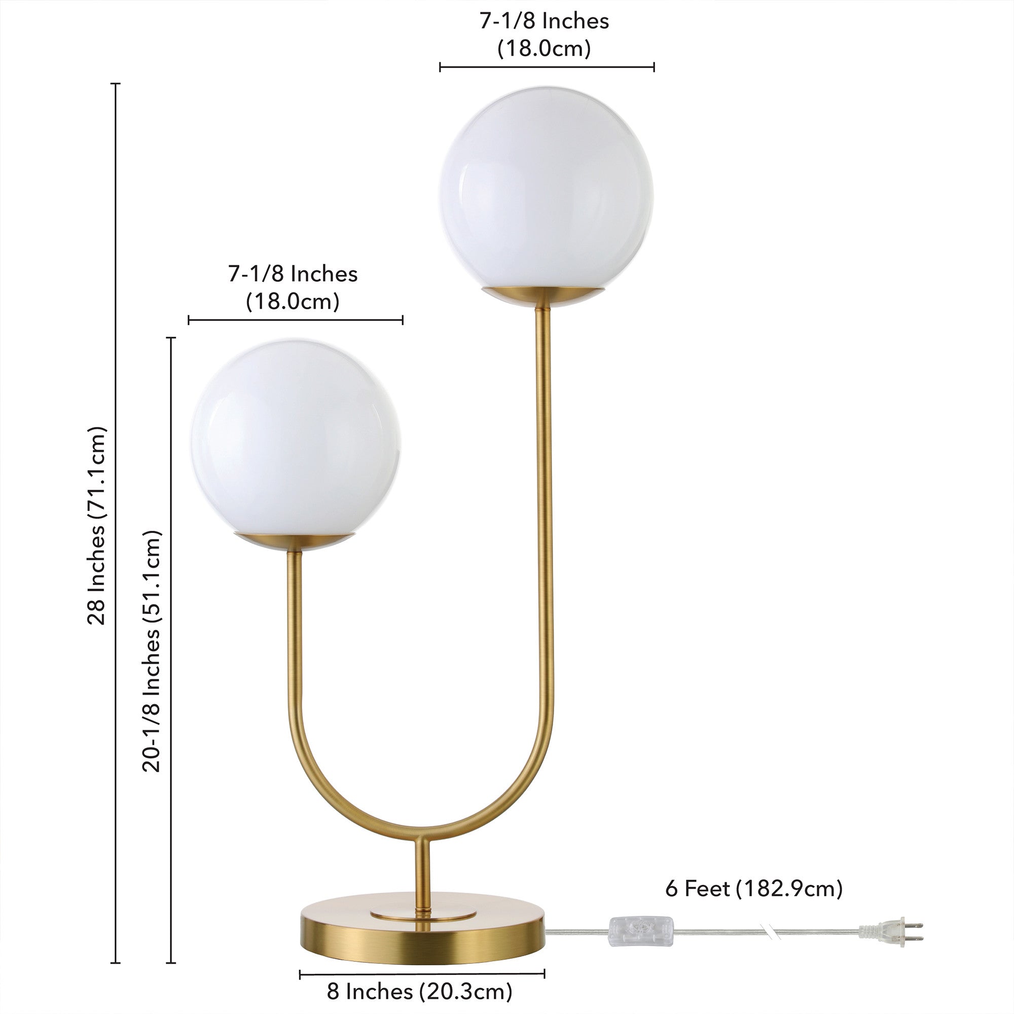 28" Gold Metal Two Light Novelty Table Lamp With White Globe Shade