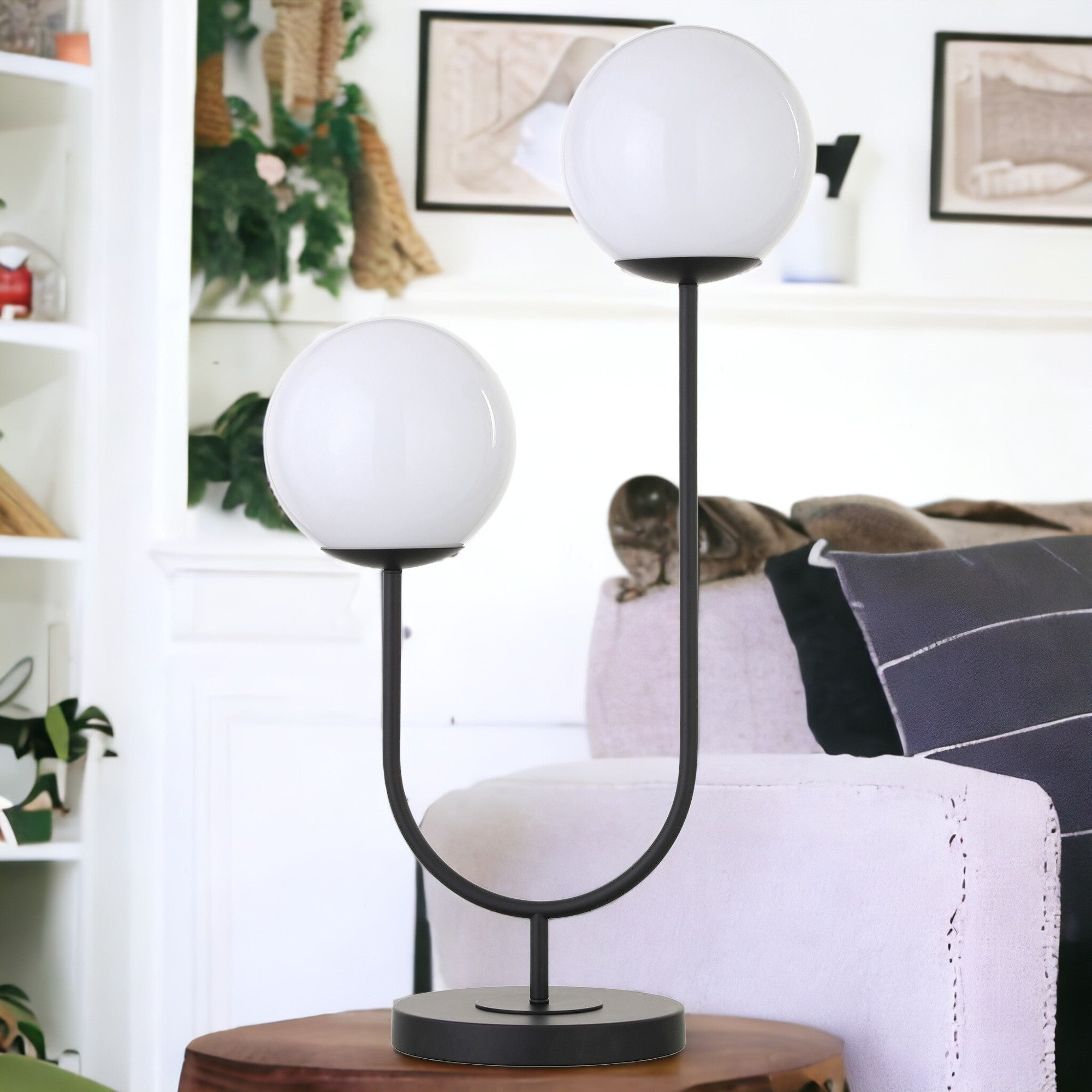 28" Black Metal Two Light Novelty Globe Table Lamp With White Globe Shade