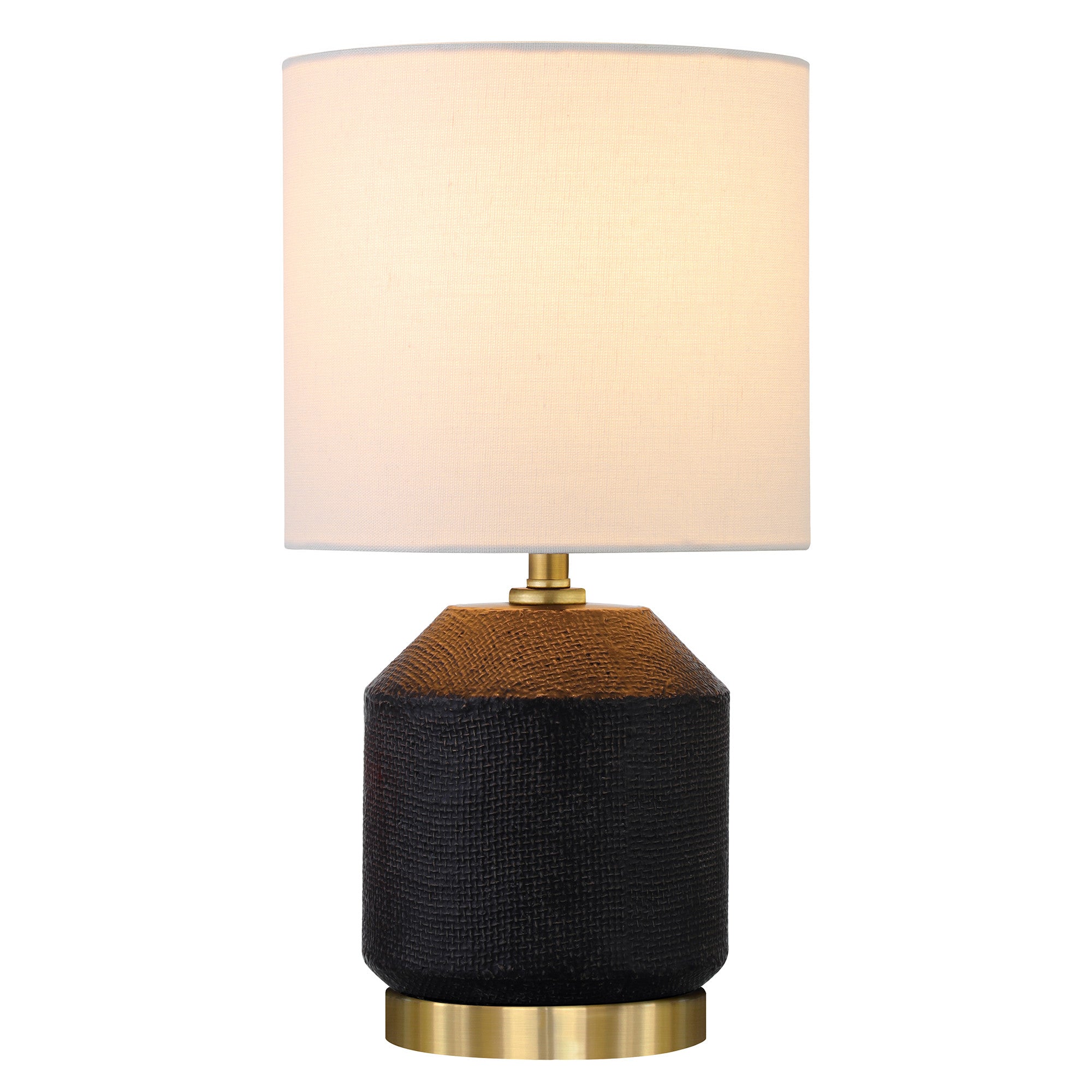 15" Black and Gold Ceramic Cylinder Table Lamp With White Drum Shade
