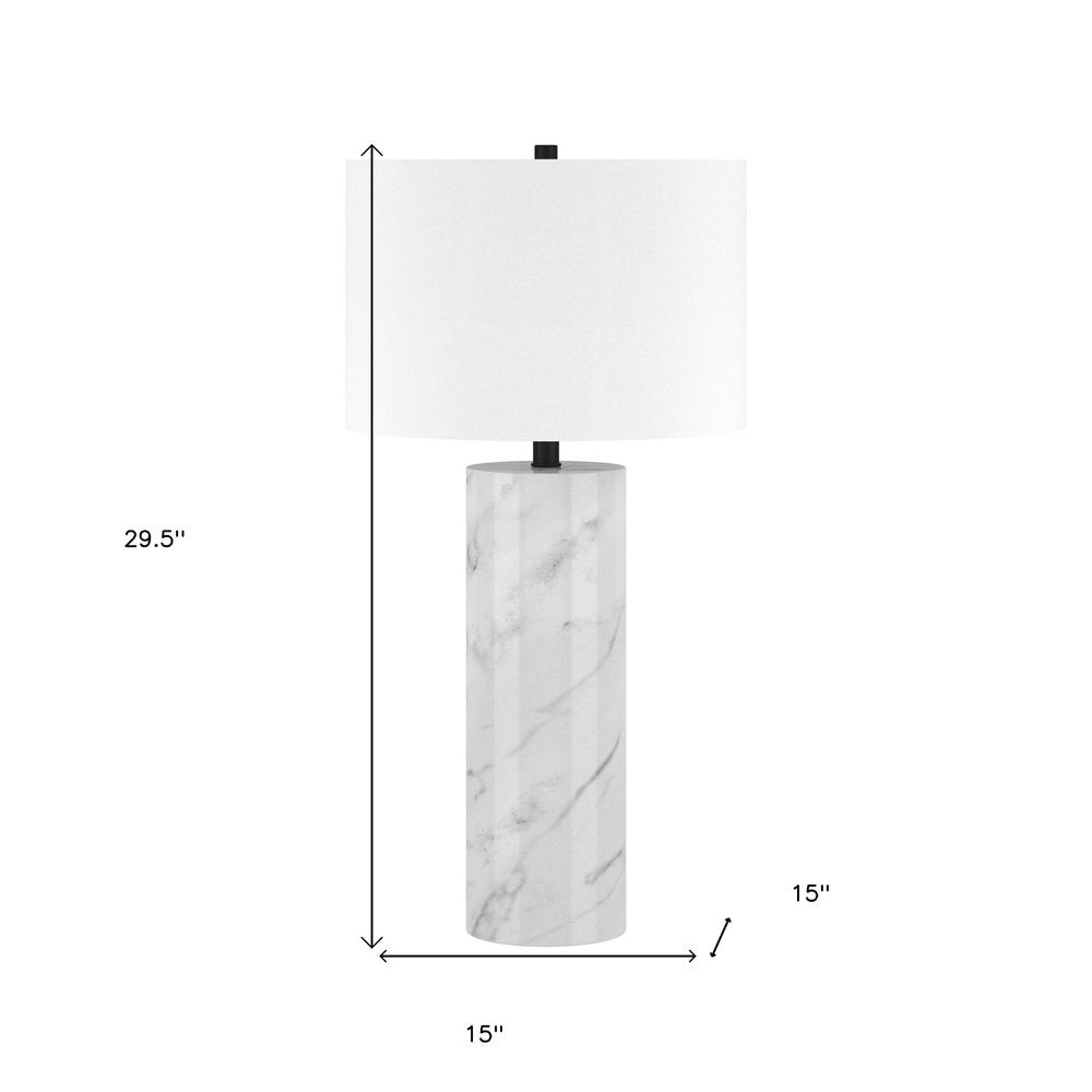 30" White Marble Cylinder Table Lamp With White Drum Shade