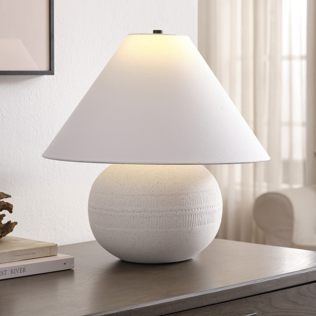 18" Off White Ceramic Round Table Lamp With White Cone Shade