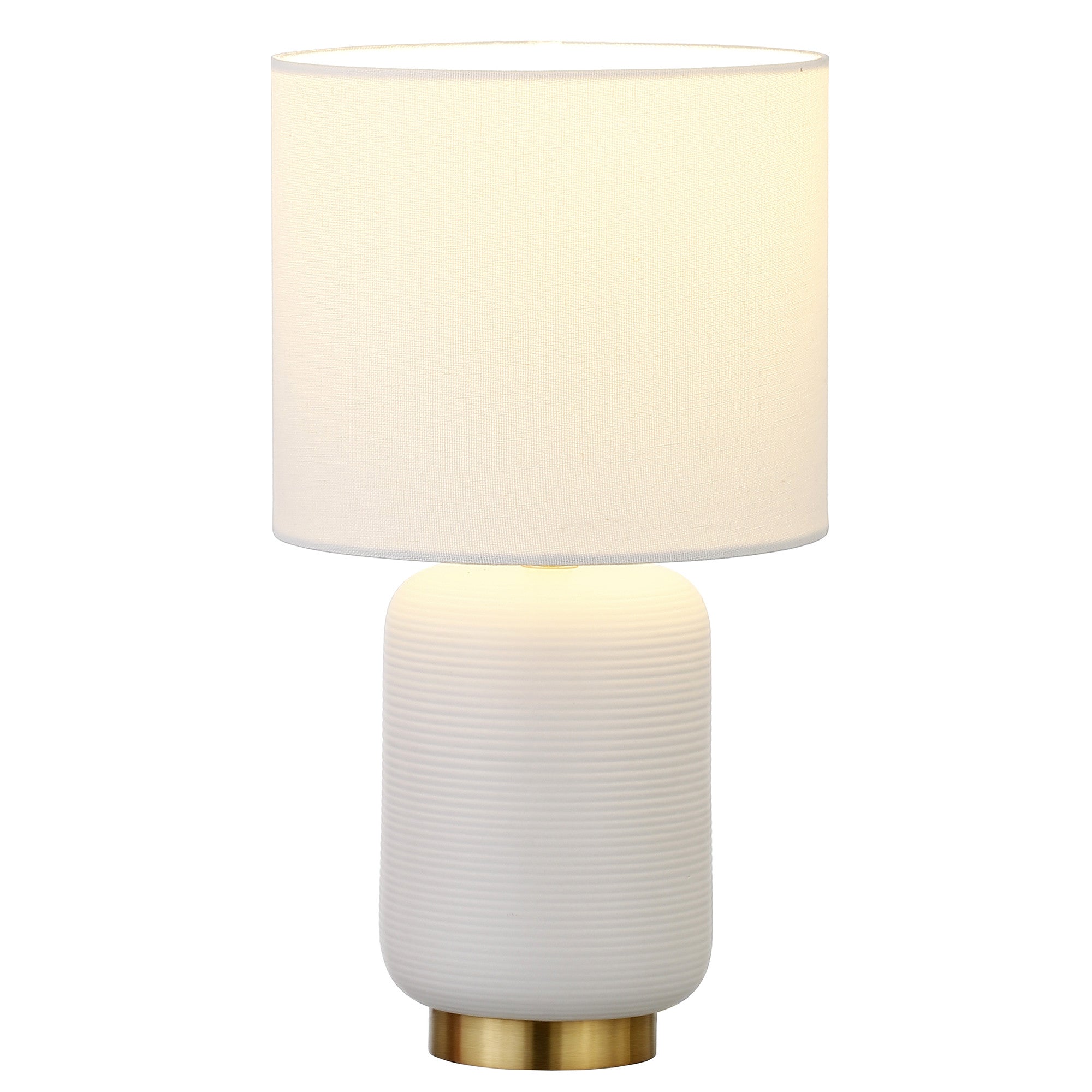 15" Gold and White Ceramic Cylinder Table Lamp With White Drum Shade
