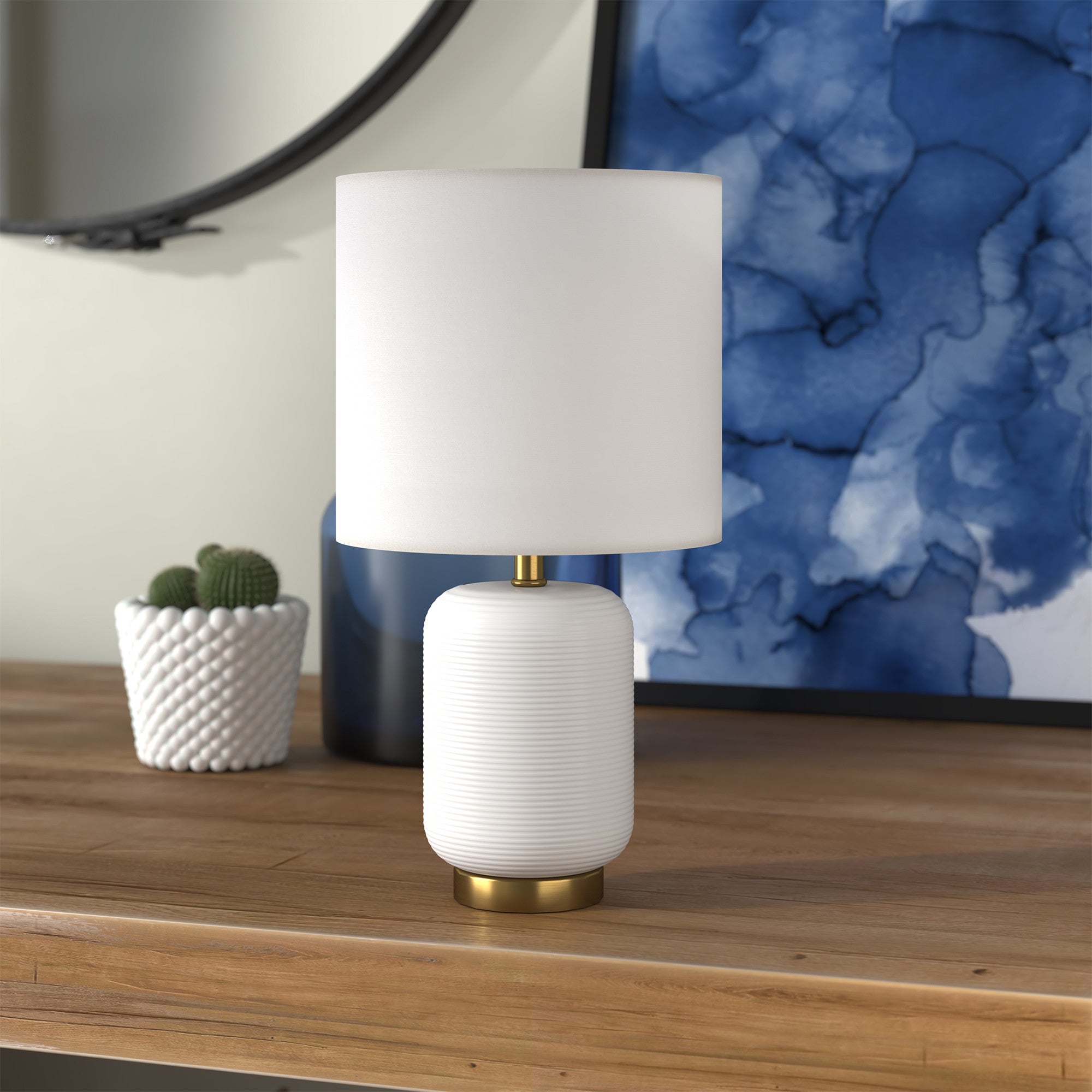 15" Gold and White Ceramic Cylinder Table Lamp With White Drum Shade