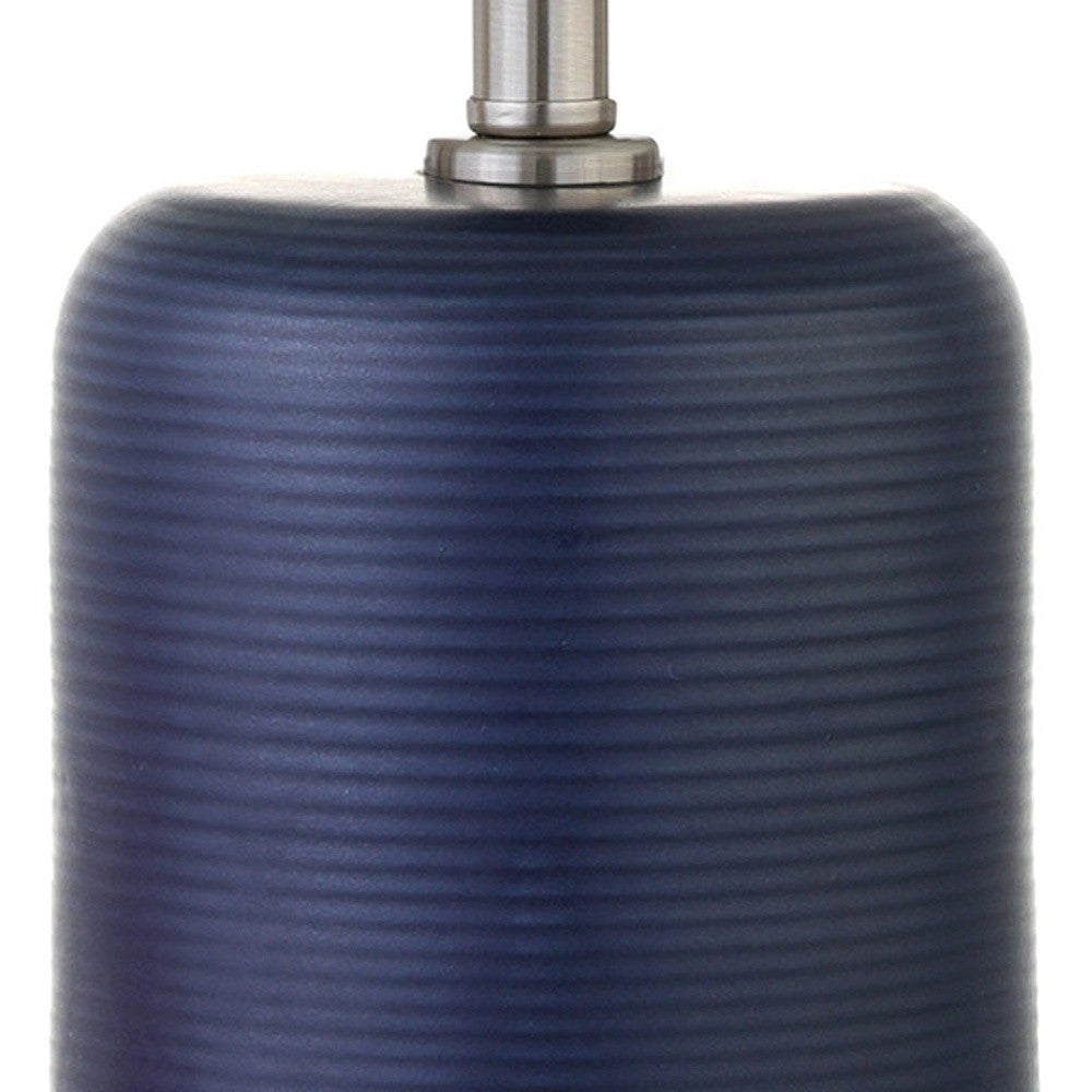15" Blue and Silver Ceramic Cylinder Table Lamp With White Drum Shade