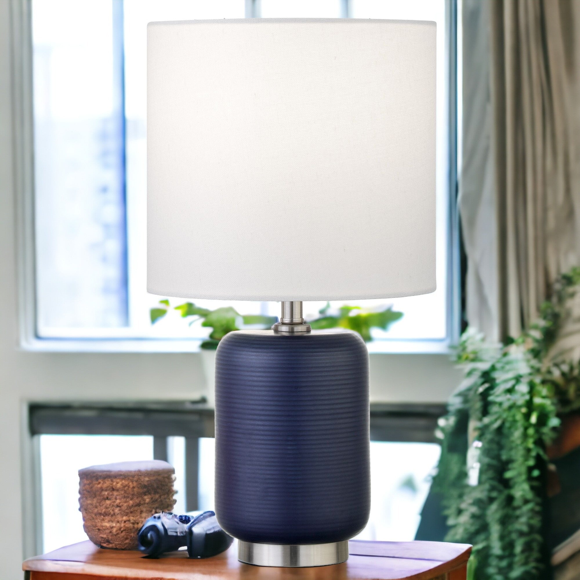 15" Blue and Silver Ceramic Cylinder Table Lamp With White Drum Shade