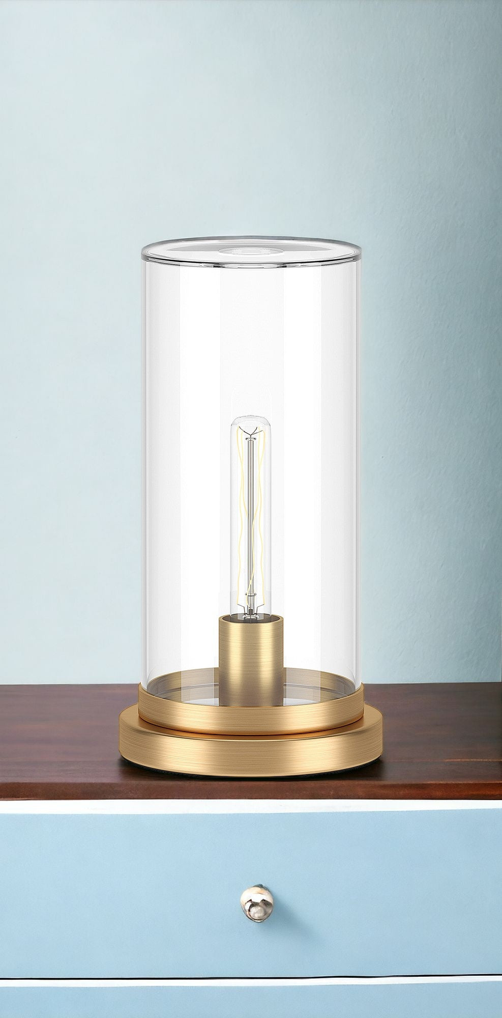 13" Gold Metal Table Lamp With Clear Drum Shade