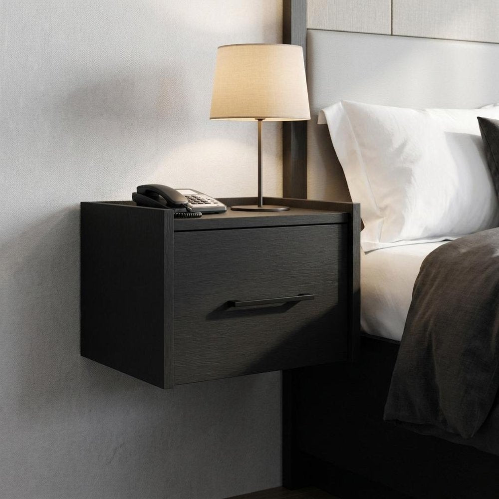 10" Black Wood One Drawer Floating Nightstand