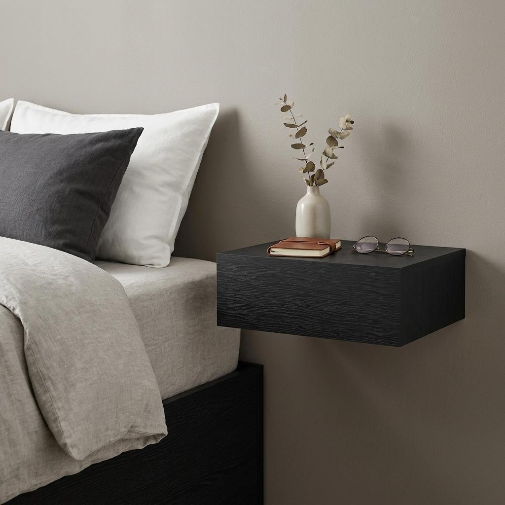 16" Black Wood One Drawer Floating Nightstand