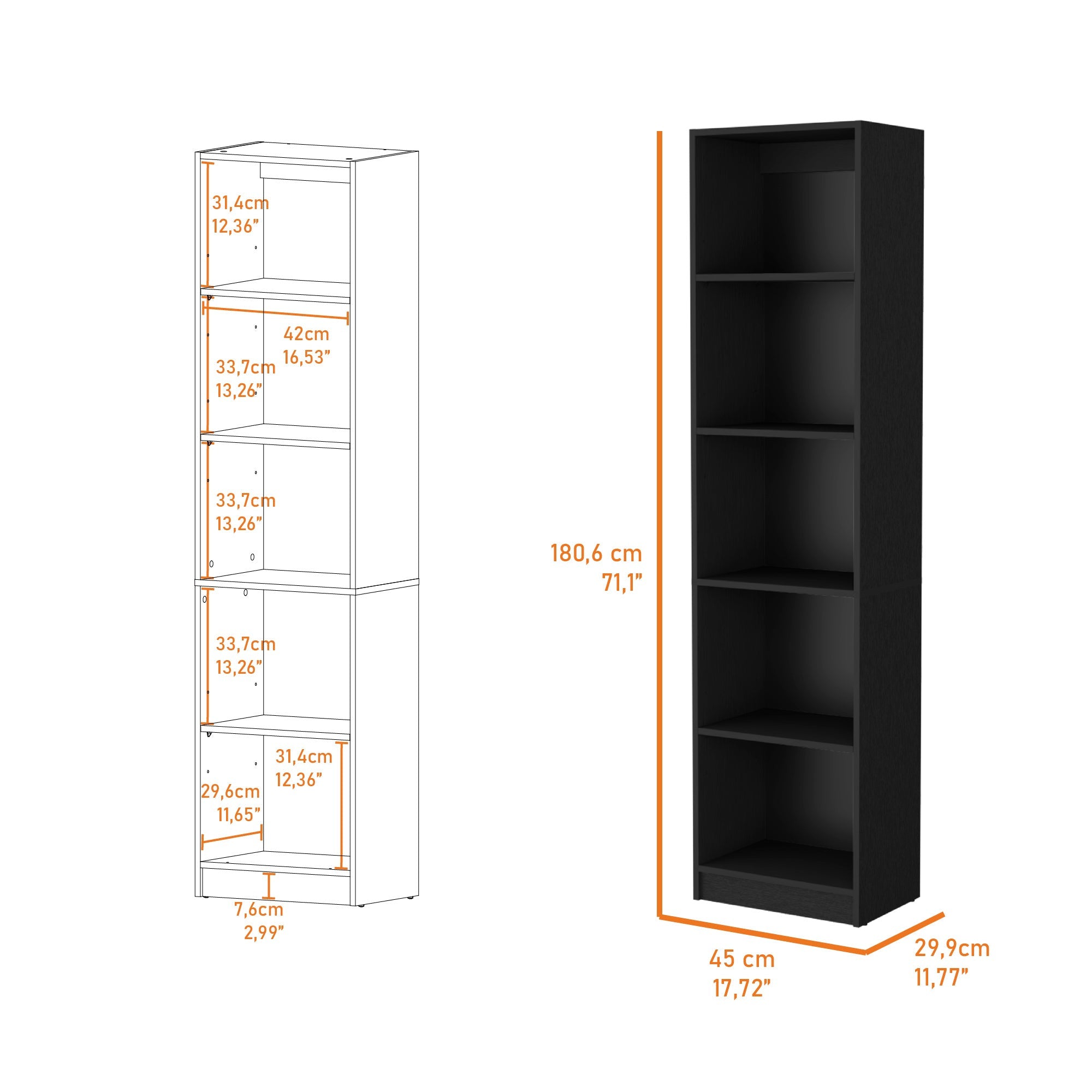 70" Black Wood Five Tier Bookcase