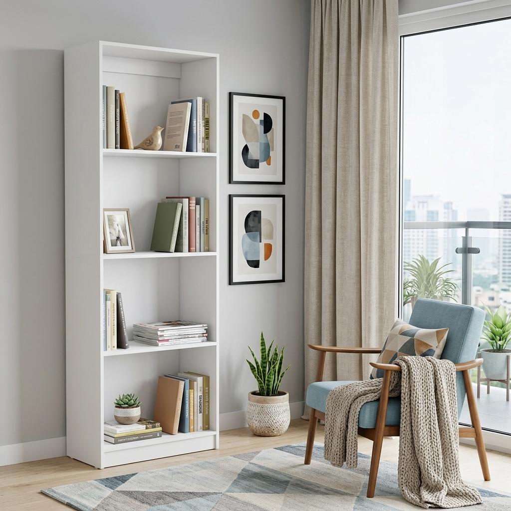 71" White Wood Four Tier Bookcase