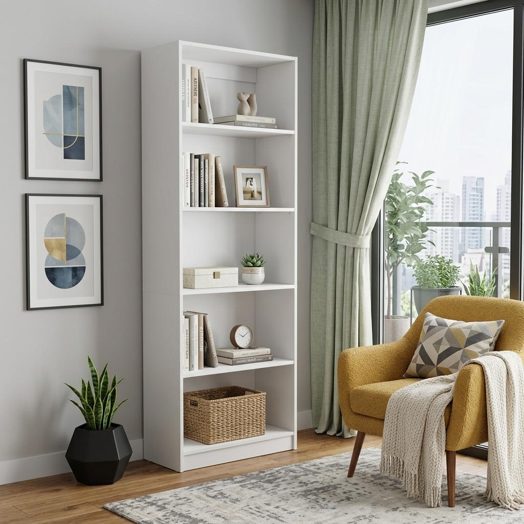 71" White Wood Five Tier Bookcase